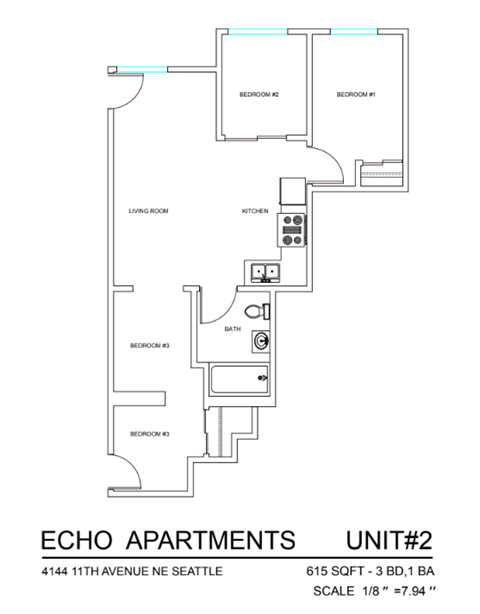 Floor plan for 3 beds, 1 bath, 635 sqft